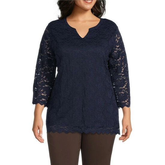 Discount β€οΈ Allison Daley Plus Size 3/4 Sleeve Split V-Neck Scalloped Hem Knit Lace Top True Navy π - Image 4