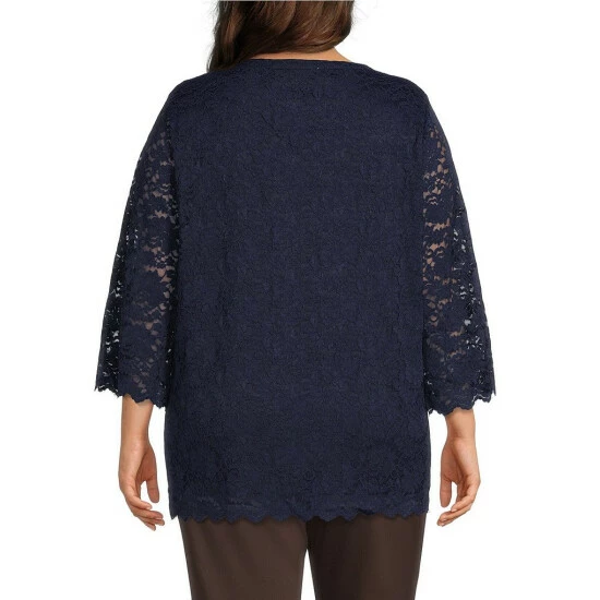 Discount β€οΈ Allison Daley Plus Size 3/4 Sleeve Split V-Neck Scalloped Hem Knit Lace Top True Navy π - Image 5