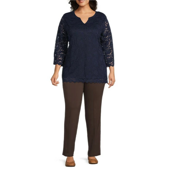Discount β€οΈ Allison Daley Plus Size 3/4 Sleeve Split V-Neck Scalloped Hem Knit Lace Top True Navy π - Image 6