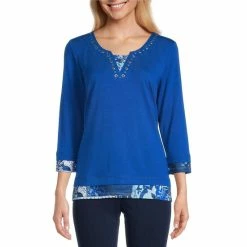 Best deal π Allison Daley Petite Size Embellished 3/4 Sleeve Split Round Neck Knit Twofer Top Port Blue Patchwork π