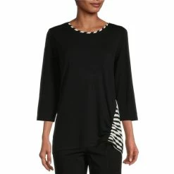 Buy 🔥 Allison Daley Color Block 3/4 Sleeve Crew Neck Tie Front Knit Top Black/white ✔️