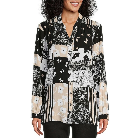 Deals π₯ Allison Daley Patchwork Print Long Sleeve V-Neck Button Front Top Mix And Patches π€©