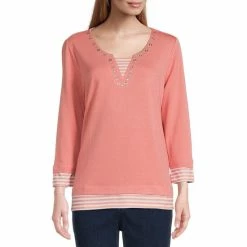 Deals π₯ Allison Daley Petite Size 3/4 Sleeve Split Round Neck Knit Twofer Top Coral Sand Combo π€©