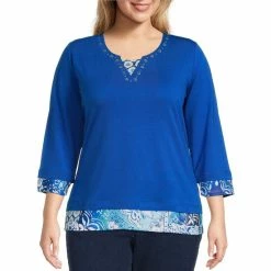 Cheapest 🔔 Allison Daley Plus Size Patchwork Print Embellished 3/4 Sleeve Split Round Neck Knit Twofer Top Port Blue Patchwork ✨