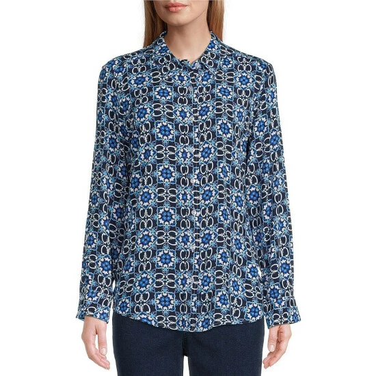 Best Sale β Allison Daley Petite Size Geometric Print Long Sleeve Point Collar Button Front Top Mixed Tile/stripe π₯
