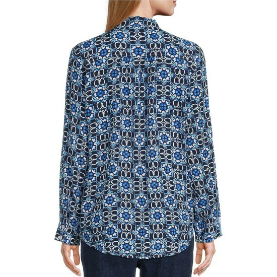 Best Sale β Allison Daley Petite Size Geometric Print Long Sleeve Point Collar Button Front Top Mixed Tile/stripe π₯ - Image 2