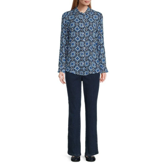 Best Sale β Allison Daley Petite Size Geometric Print Long Sleeve Point Collar Button Front Top Mixed Tile/stripe π₯ - Image 3