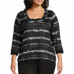 Coupon 😉 Allison Daley Plus Size Shibori Striped Print 3/4 Sleeve V-Neck Knit Twofer Top 👏