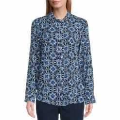 Best Pirce 🌟 Allison Daley Geometric Print Long Sleeve Point Collar Button Front Top Mixed Tile/stripe 🌟