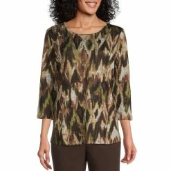 Outlet ❤️ Allison Daley Embellished Stripe Print Hacci 3/4 Sleeve Crew Neck Knit Top Espresso Stripe 🛒