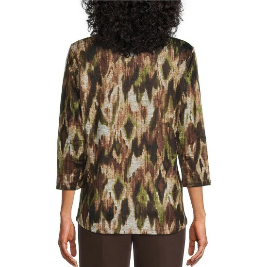 Outlet โค๏ธ Allison Daley Embellished Stripe Print Hacci 3/4 Sleeve Crew Neck Knit Top Espresso Stripe ๐ - Image 2