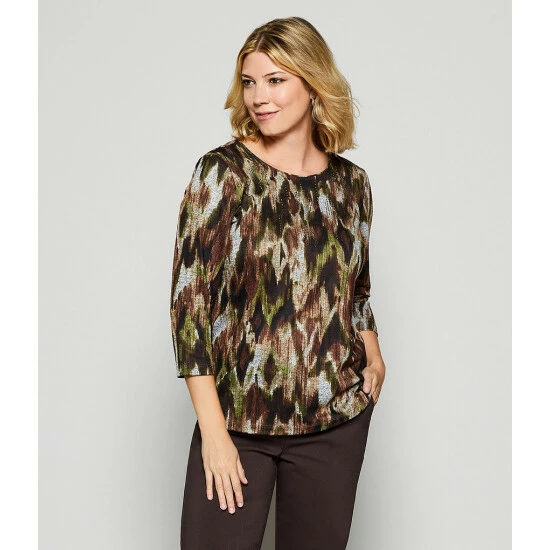 Outlet โค๏ธ Allison Daley Embellished Stripe Print Hacci 3/4 Sleeve Crew Neck Knit Top Espresso Stripe ๐ - Image 5