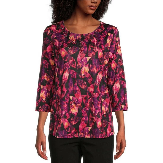 Outlet โค๏ธ Allison Daley Embellished Stripe Print Hacci 3/4 Sleeve Crew Neck Knit Top Espresso Stripe ๐ - Image 6