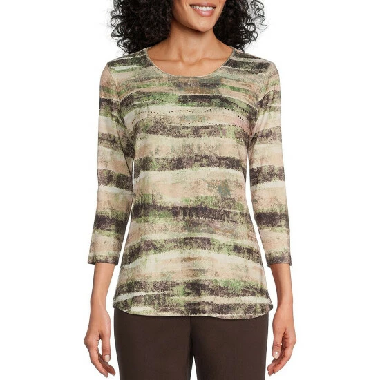 Outlet โค๏ธ Allison Daley Embellished Stripe Print Hacci 3/4 Sleeve Crew Neck Knit Top Espresso Stripe ๐ - Image 9