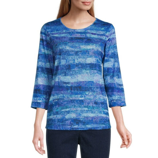 Outlet โค๏ธ Allison Daley Embellished Stripe Print Hacci 3/4 Sleeve Crew Neck Knit Top Espresso Stripe ๐ - Image 11
