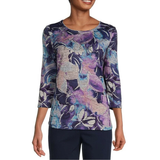 Outlet โค๏ธ Allison Daley Embellished Stripe Print Hacci 3/4 Sleeve Crew Neck Knit Top Espresso Stripe ๐ - Image 13