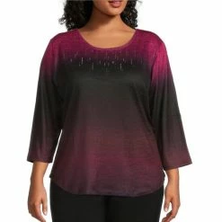 Cheapest 🌟 Allison Daley Plus Size Embellished Ombre Hacci 3/4 Sleeve Crew Neck Knit Top Wine Ombre ✔️