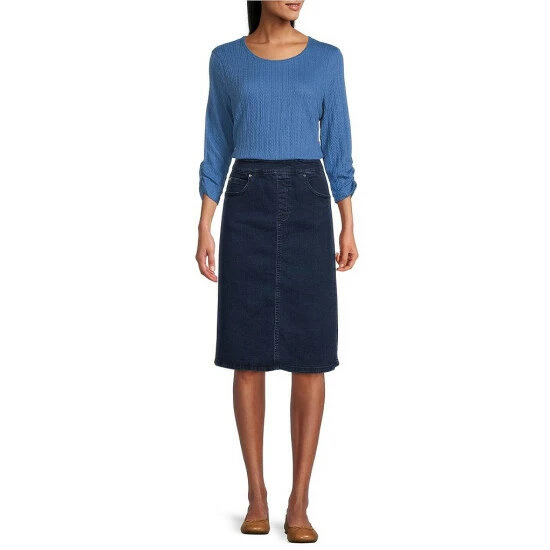 Hot Sale 𧨠Allison Daley Stretch Denim Elastic Waist Pull-On Pencil π Skirt Dark Indigo π - Image 3