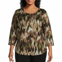 Wholesale π Allison Daley Plus Size Ikat Print Embellished Hacci 3/4 Sleeve Jewel Neck Knit Top Espresso Ikat π