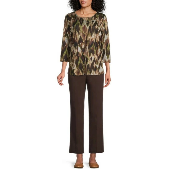 Best Sale 𧨠Allison Daley Petite Size Embellished Stripe Print Hacci 3/4 Sleeve Crew Neck Knit Top Espresso Ikat π - Image 3