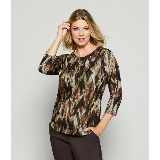 Best Sale 𧨠Allison Daley Petite Size Embellished Stripe Print Hacci 3/4 Sleeve Crew Neck Knit Top Espresso Ikat π - Image 4