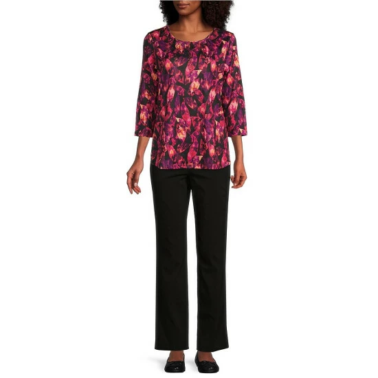 Best Sale 𧨠Allison Daley Petite Size Embellished Stripe Print Hacci 3/4 Sleeve Crew Neck Knit Top Espresso Ikat π - Image 7