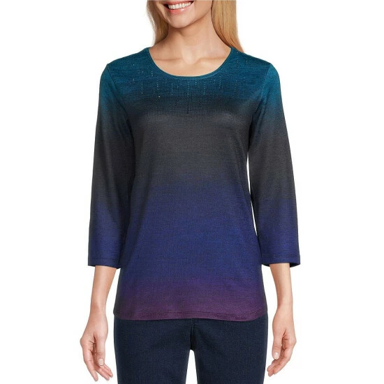 Best Sale 𧨠Allison Daley Petite Size Embellished Stripe Print Hacci 3/4 Sleeve Crew Neck Knit Top Espresso Ikat π - Image 9