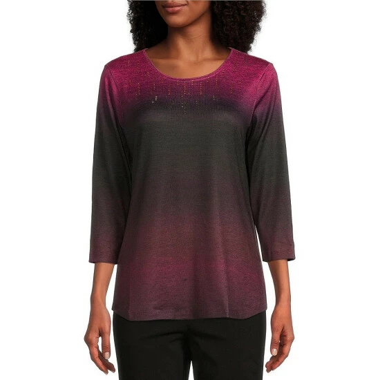 Best Sale 𧨠Allison Daley Petite Size Embellished Stripe Print Hacci 3/4 Sleeve Crew Neck Knit Top Espresso Ikat π - Image 13