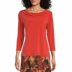 Best Sale π₯ Allison Daley 3/4 Sleeve Drape Crew Neck Knit Top Burnt Ochre β€οΈ