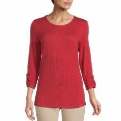 Best Pirce 🧨 Allison Daley Ruched 3/4 Sleeve Round Neck Flat Cable Knit Top Riverside 🥰