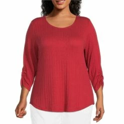 Outlet ⭐ Allison Daley Plus Size Ruched 3/4 Sleeve Round Neck Flat Cable Knit Top Riverside ✨