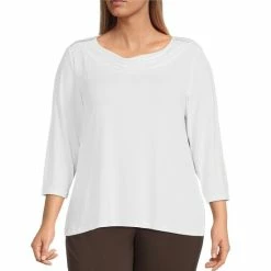 Hot Sale 🔔 Allison Daley Plus Size 3/4 Sleeve Drape Neck Knit Top White 🎉