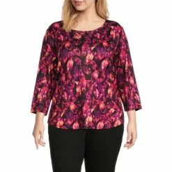 Best Pirce π Allison Daley Plus Size Embellished Leaf Print Hacci 3/4 Sleeve Round Neck Knit Top Black Multi Leaves β