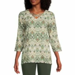 Discount 🌟 Allison Daley 3/4 Sleeve Criss Cross V-Neck Knit Top Indo Ikat 🎁