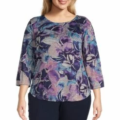 Best deal π Allison Daley Plus Size Embellished Floral Print Hacci 3/4 Sleeve Crew Neck Knit Top Purple Floral π