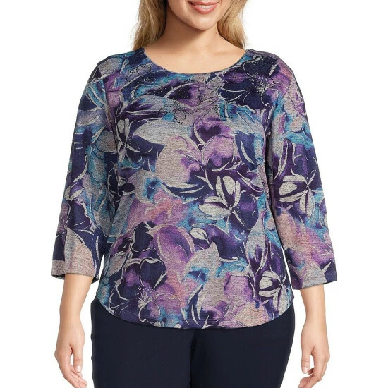 Best deal π Allison Daley Plus Size Embellished Floral Print Hacci 3/4 Sleeve Crew Neck Knit Top Purple Floral π