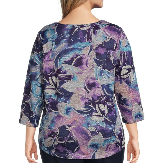 Best deal π Allison Daley Plus Size Embellished Floral Print Hacci 3/4 Sleeve Crew Neck Knit Top Purple Floral π - Image 2