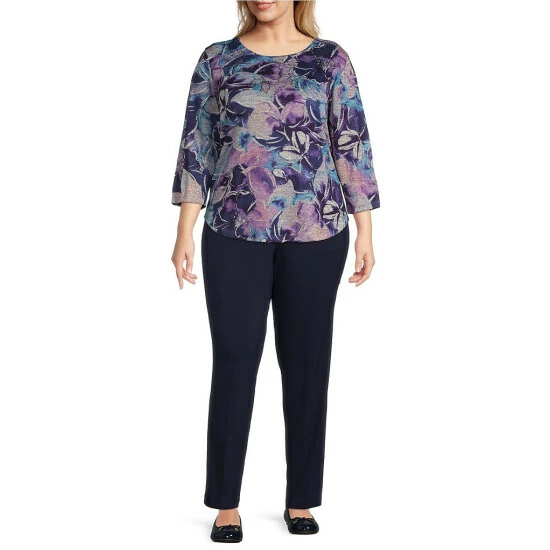 Best deal π Allison Daley Plus Size Embellished Floral Print Hacci 3/4 Sleeve Crew Neck Knit Top Purple Floral π - Image 3