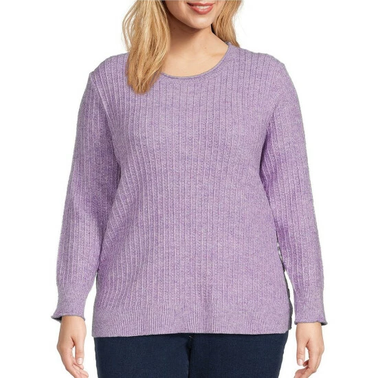 Wholesale 🔔 Allison Daley Plus Size Metallic Thread Long Sleeve Crew Neck Side Button Sweater Amethyst 🎉