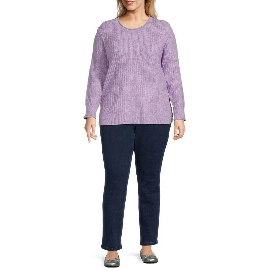 Wholesale 🔔 Allison Daley Plus Size Metallic Thread Long Sleeve Crew Neck Side Button Sweater Amethyst 🎉 - Image 3