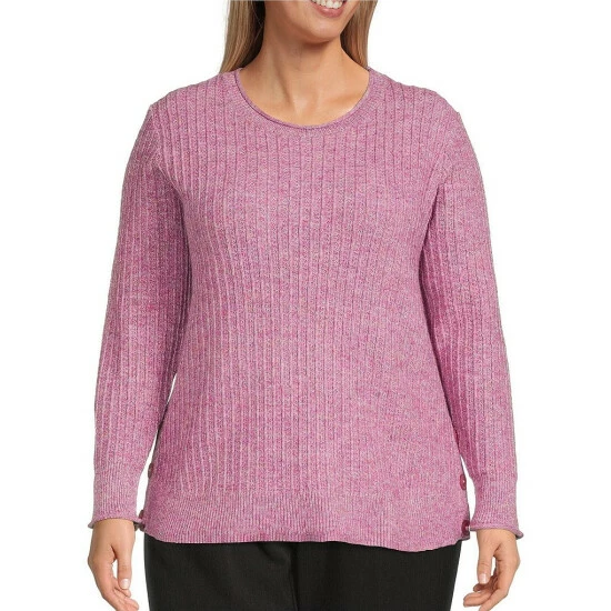 Wholesale 🔔 Allison Daley Plus Size Metallic Thread Long Sleeve Crew Neck Side Button Sweater Amethyst 🎉 - Image 7