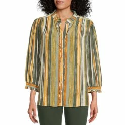 Cheapest 🤩 Allison Daley Vertical Watercolor Stripe Print 3/4 Ruffle Sleeve Split Round Neck Button Front Top 🌟
