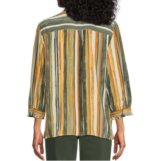 Cheapest ๐คฉ Allison Daley Vertical Watercolor Stripe Print 3/4 Ruffle Sleeve Split Round Neck Button Front Top ๐ - Image 2