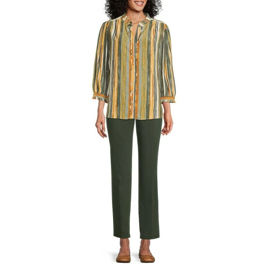 Cheapest ๐คฉ Allison Daley Vertical Watercolor Stripe Print 3/4 Ruffle Sleeve Split Round Neck Button Front Top ๐ - Image 3