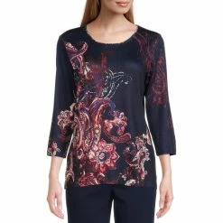 Budget 🧨 Allison Daley Paisley Print 3/4 Sleeve Round Neck Knit Top Windsor Ethereal Paisley ❤️