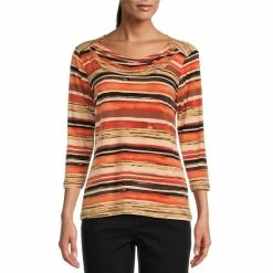 Deals 🔥 Allison Daley Watercolor Stripe Print 3/4 Sleeve Drape Neck Knit Top 🎉