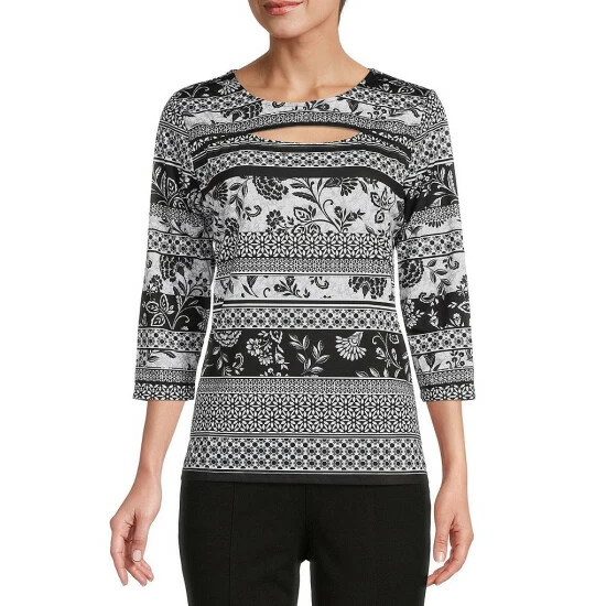 Budget ๐คฉ Allison Daley Boho Geo Stripe Print 3/4 Sleeve Cut-Out Crew Neck Knit Top ๐ 3 Budget ๐คฉ Allison Daley Boho Geo Stripe Print 3/4 Sleeve Cut-Out Crew Neck Knit Top ๐