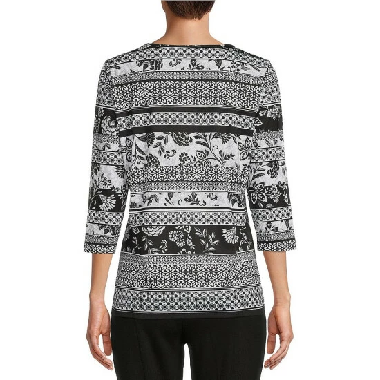 Budget ๐คฉ Allison Daley Boho Geo Stripe Print 3/4 Sleeve Cut-Out Crew Neck Knit Top ๐ 4 Budget ๐คฉ Allison Daley Boho Geo Stripe Print 3/4 Sleeve Cut-Out Crew Neck Knit Top ๐ - Image 2
