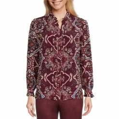 Outlet 🛒 Allison Daley Petite Size Windsor Floral Print Long Ruffle Sleeve Banded Collar Button Front Top Windsor Floral Border 🌟