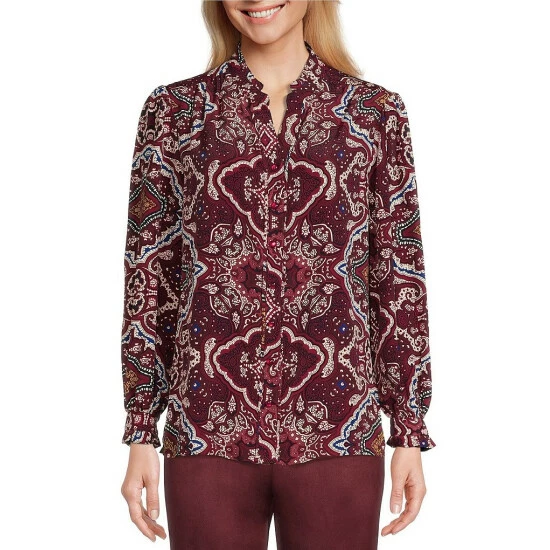 Outlet 🛒 Allison Daley Petite Size Windsor Floral Print Long Ruffle Sleeve Banded Collar Button Front Top Windsor Floral Border 🌟 3 Outlet 🛒 Allison Daley Petite Size Windsor Floral Print Long Ruffle Sleeve Banded Collar Button Front Top Windsor Floral Border 🌟